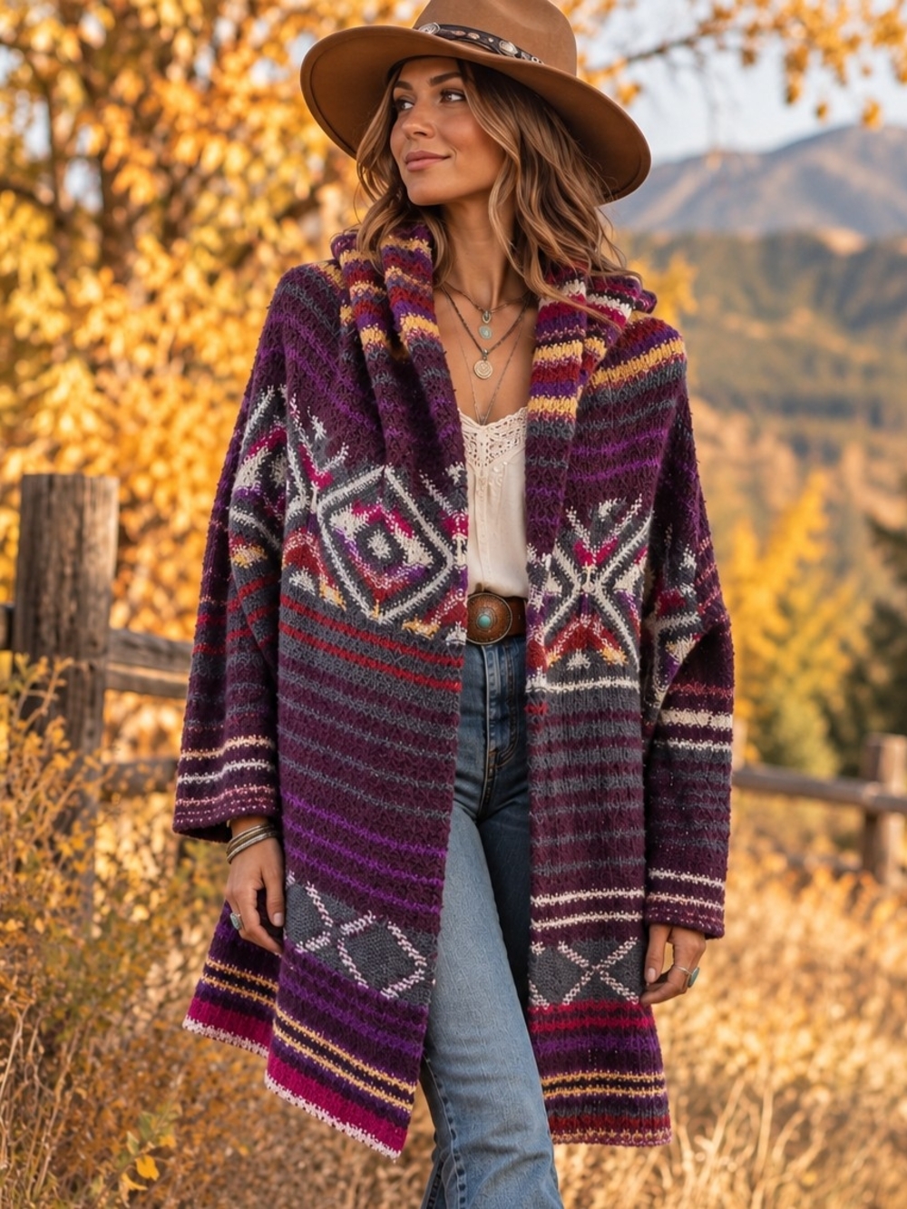 Denim 24/7 Hooded Cardigan Size L Purple Boho Western Artsy Hippie Cozy Fall